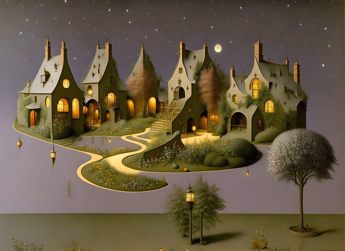 Fantastical village illustration with quirky houses and moonlit sky