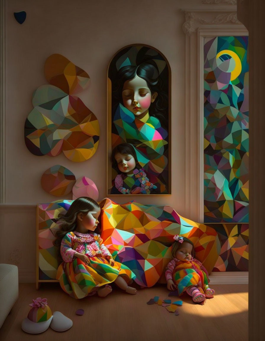 Geometric-themed interior with child, toys, and portrait in stylized art.