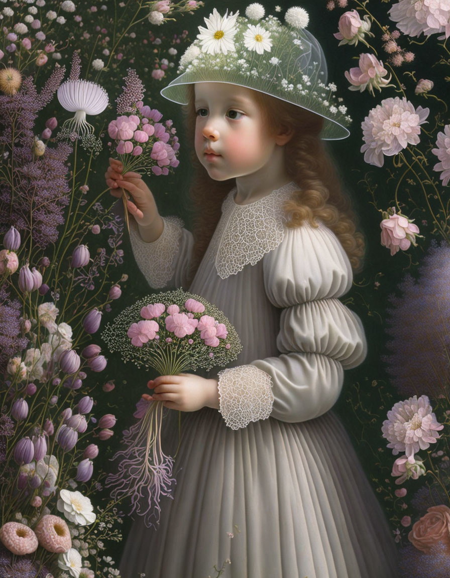 Child in vintage dress with transparent hat amidst lush flowers holding bouquet