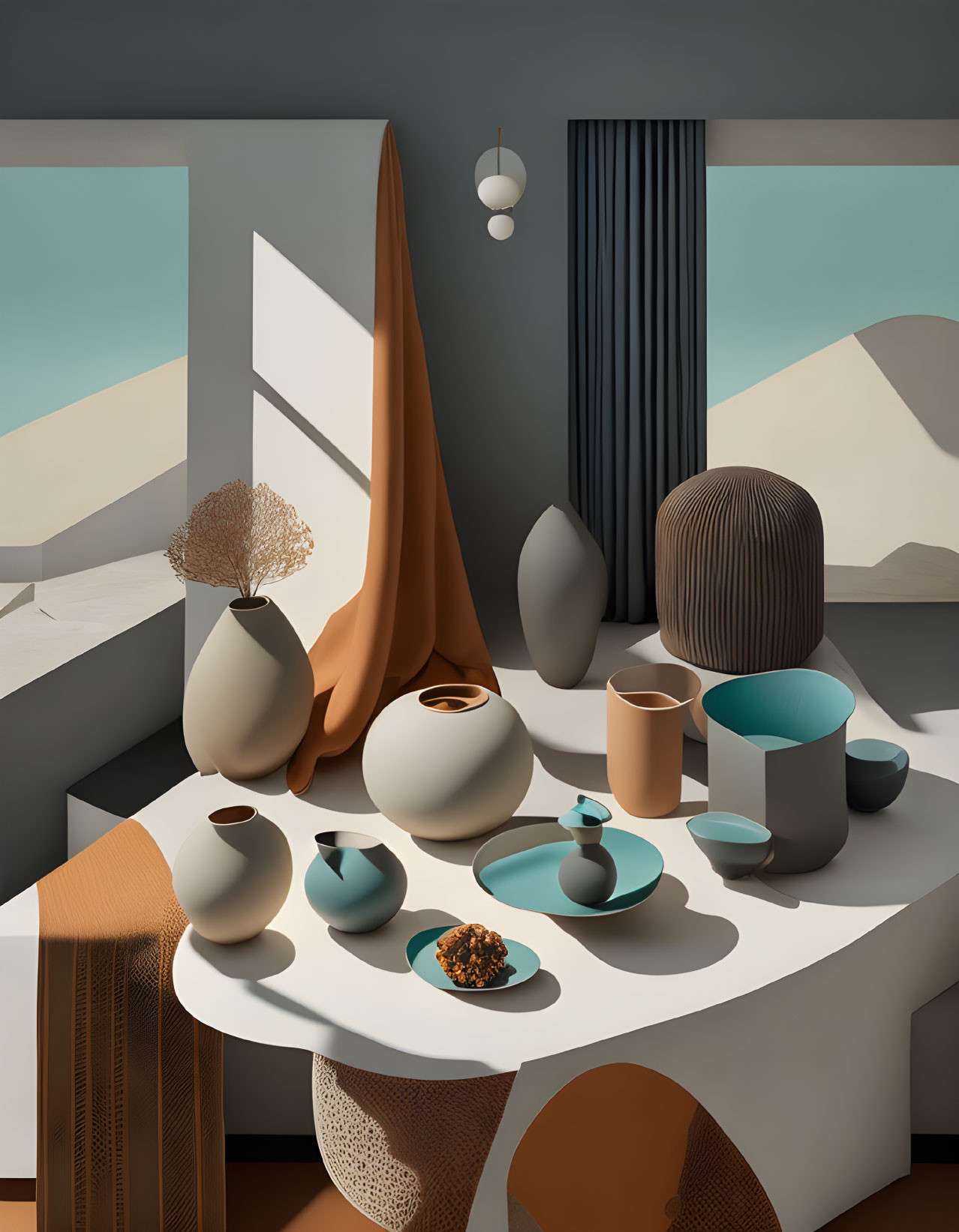 Abstract-shaped ceramic vases on table in stylized room with desert view