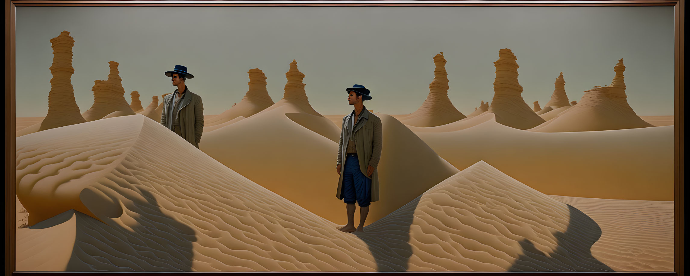 Two figures in hats and coats on desert dunes with tall rock formations.