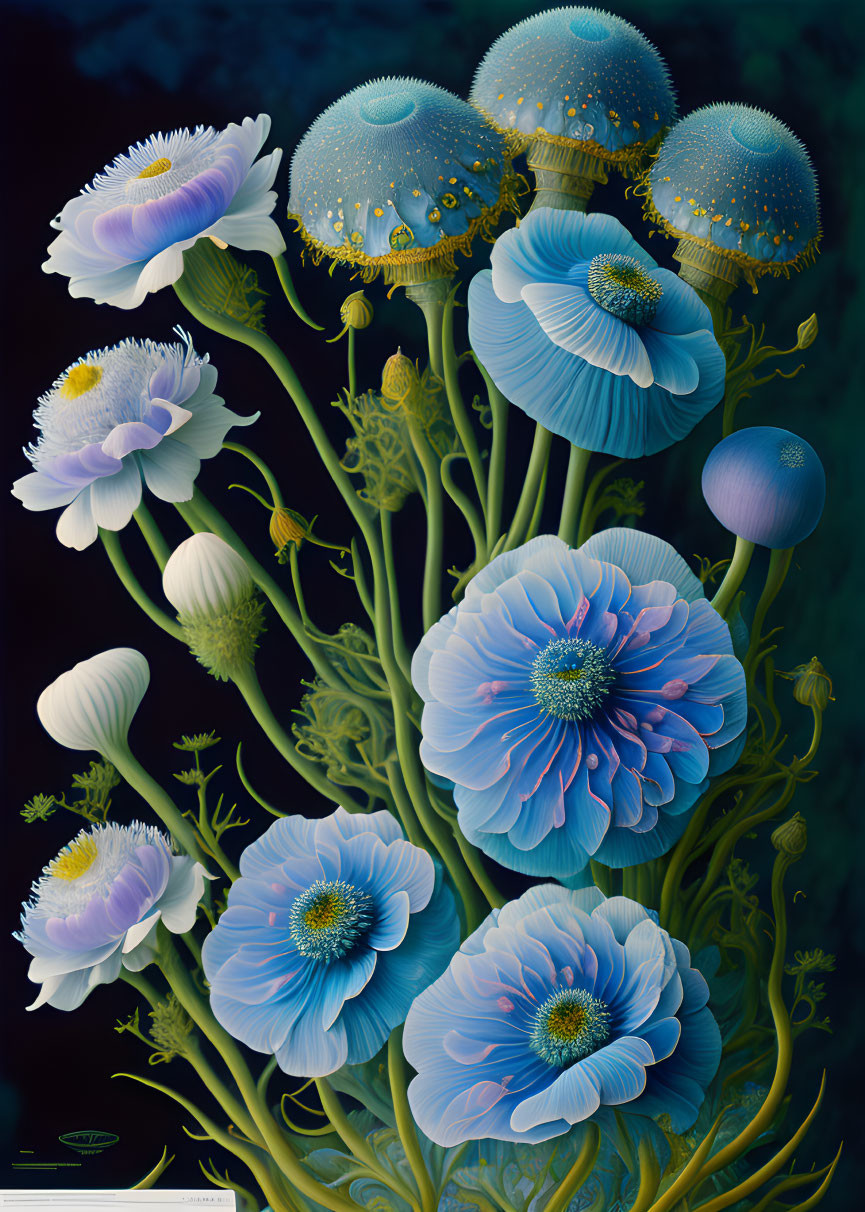 Blue Flower Collection with Intricate Patterns on Dark Background