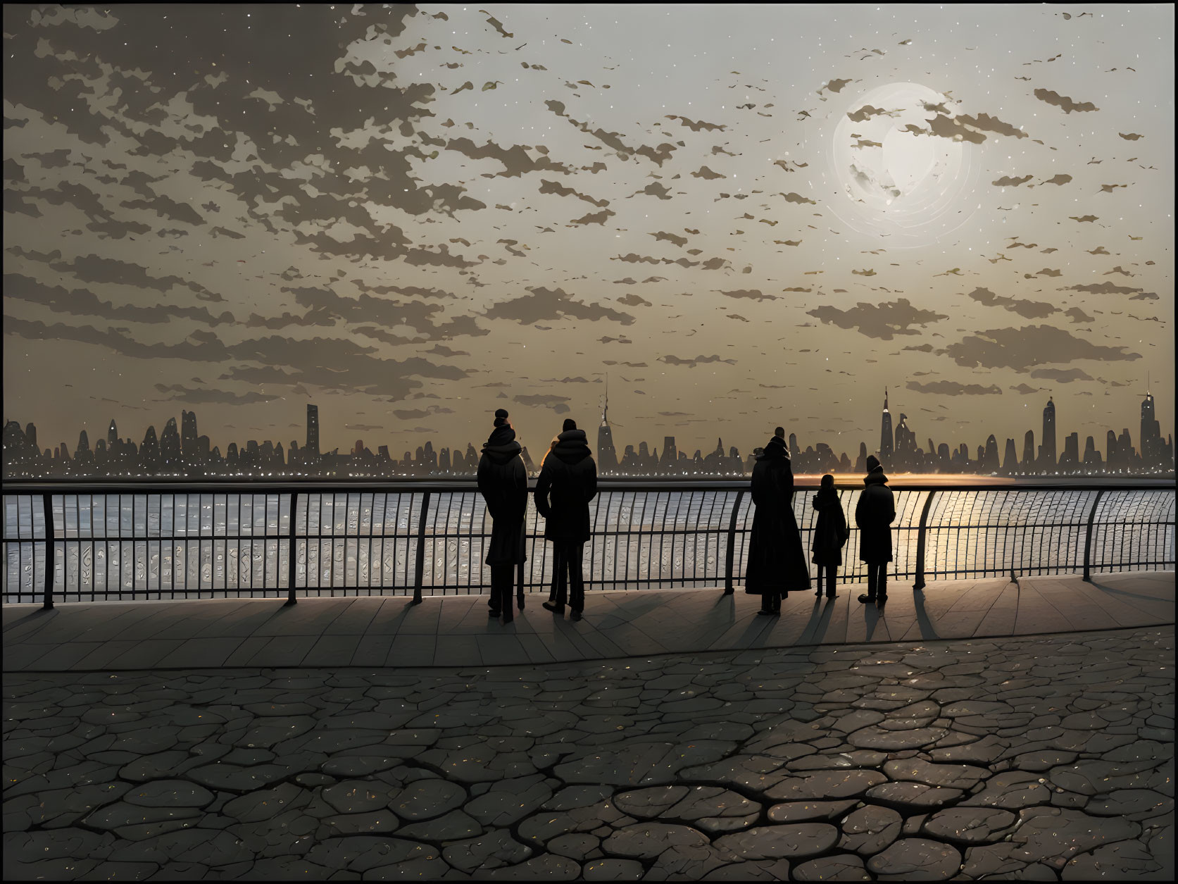 City skyline viewed from waterfront promenade at dusk with silhouetted figures.