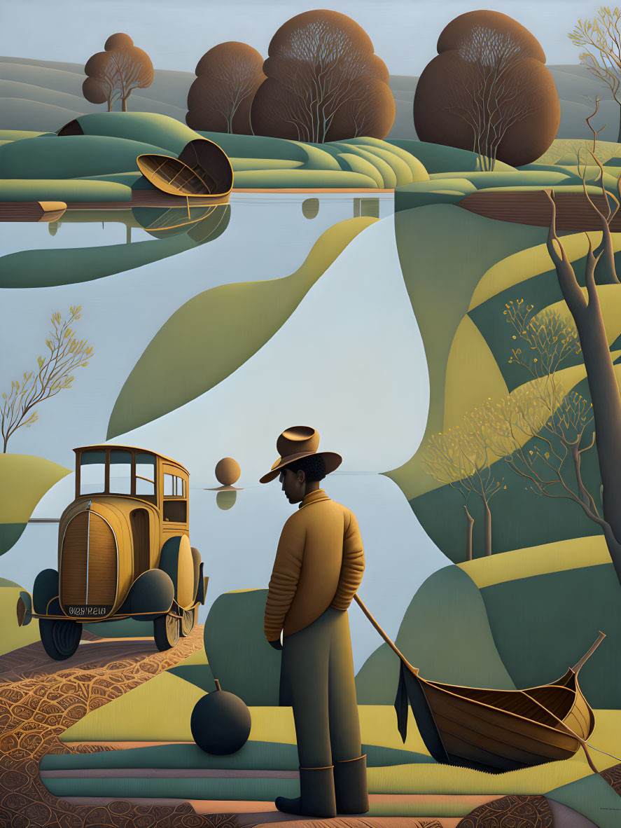 Surreal landscape with man, car, and flowing rivers