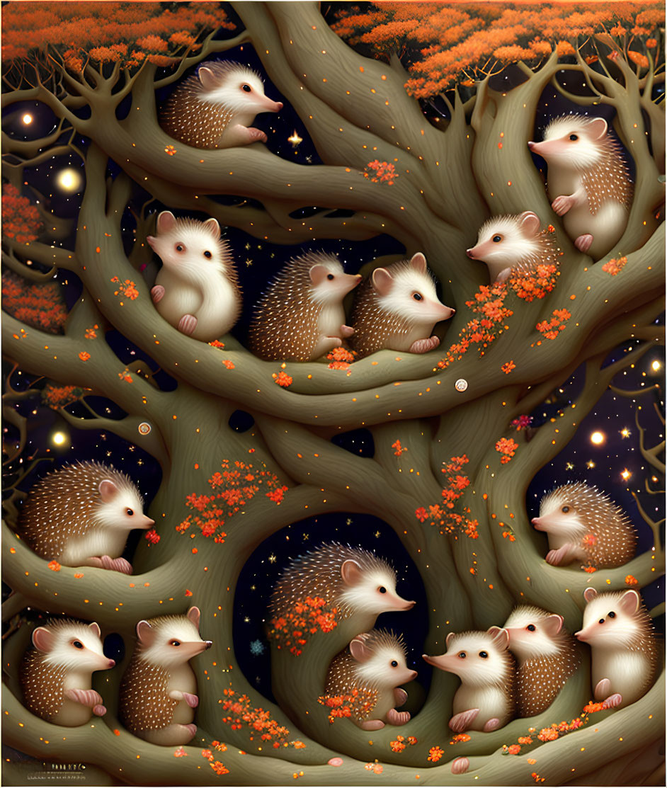 Multiple hedgehogs in intricate tree with orange flowers under starry sky