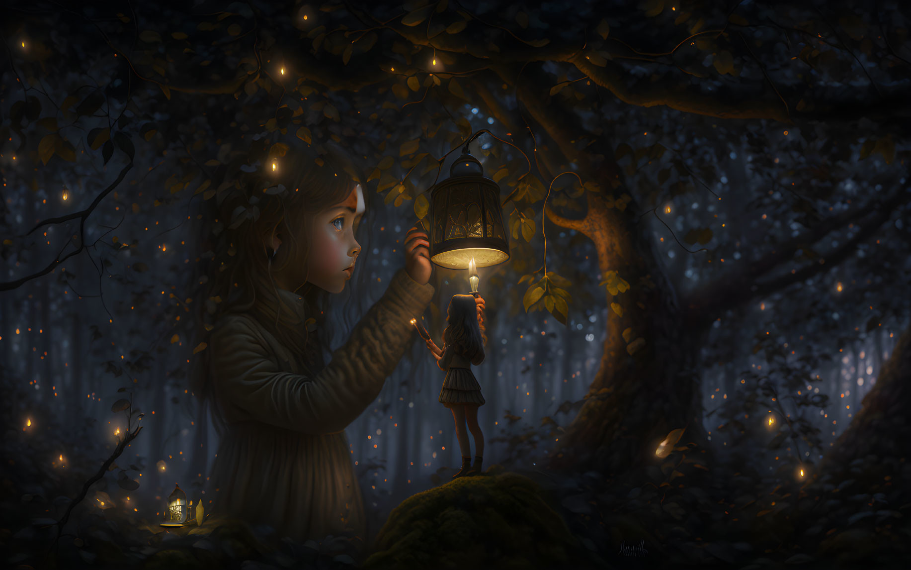 Young girl in forest with lantern and fairy illuminated by fireflies