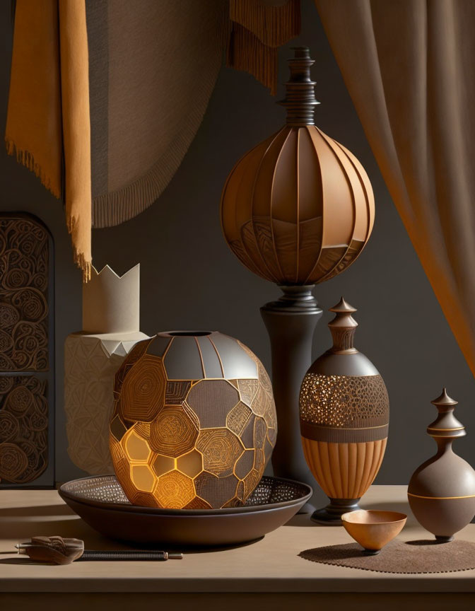 Intricate patterned vases and bowls on draped fabric backdrop