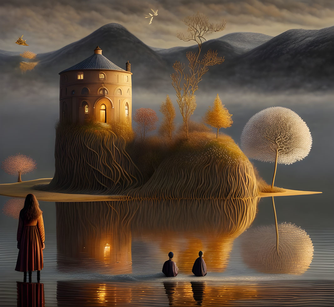 Surreal landscape with woman, island, house, figures, and mountains