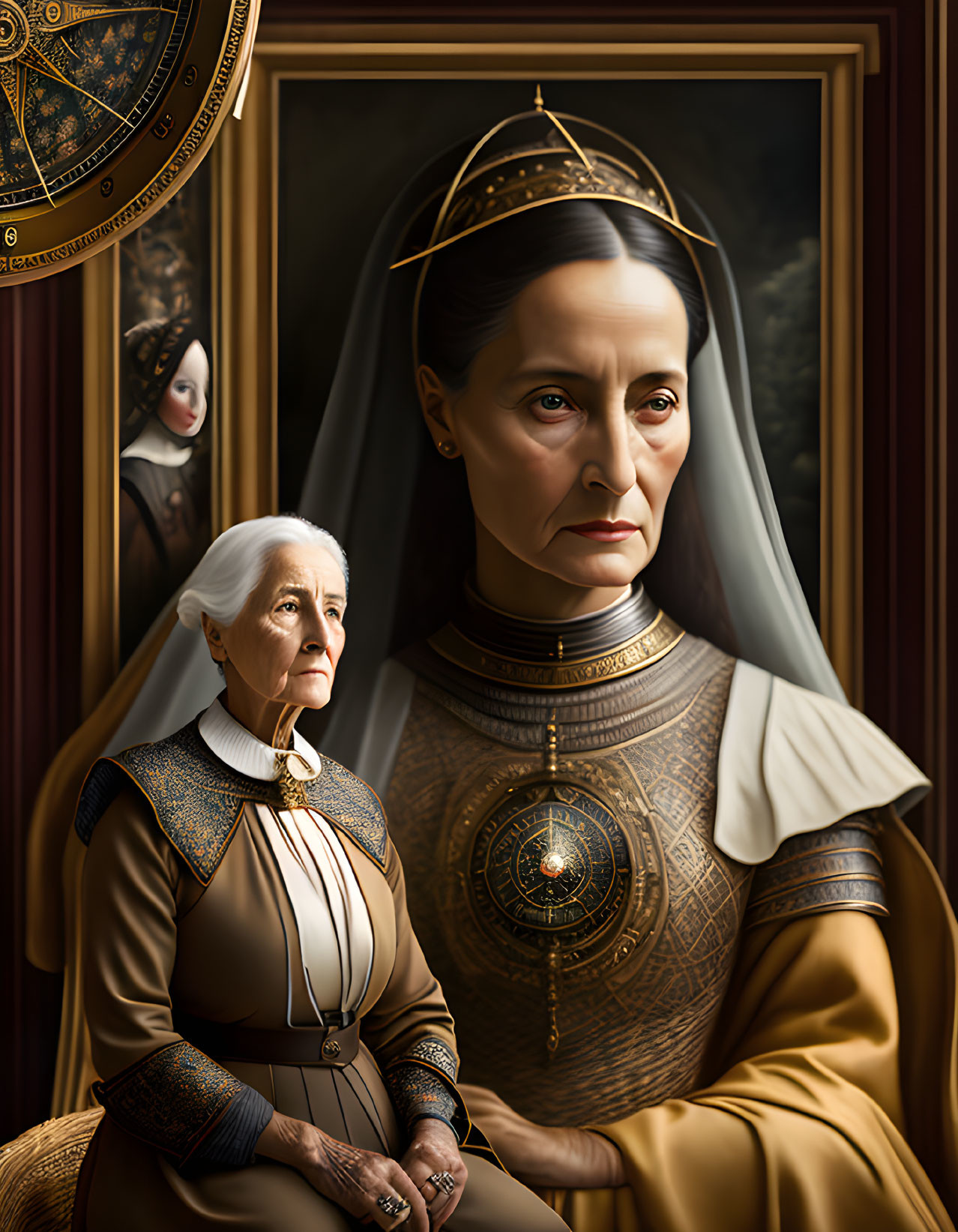 Portrait of older and younger women in Renaissance attire with astrolabe symbolizing wisdom.