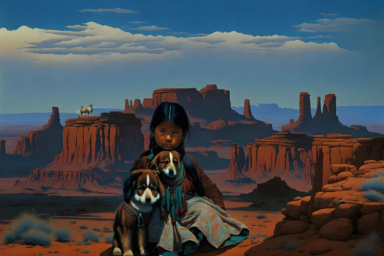 Young girl in traditional dress with dog in desert landscape and rock formations