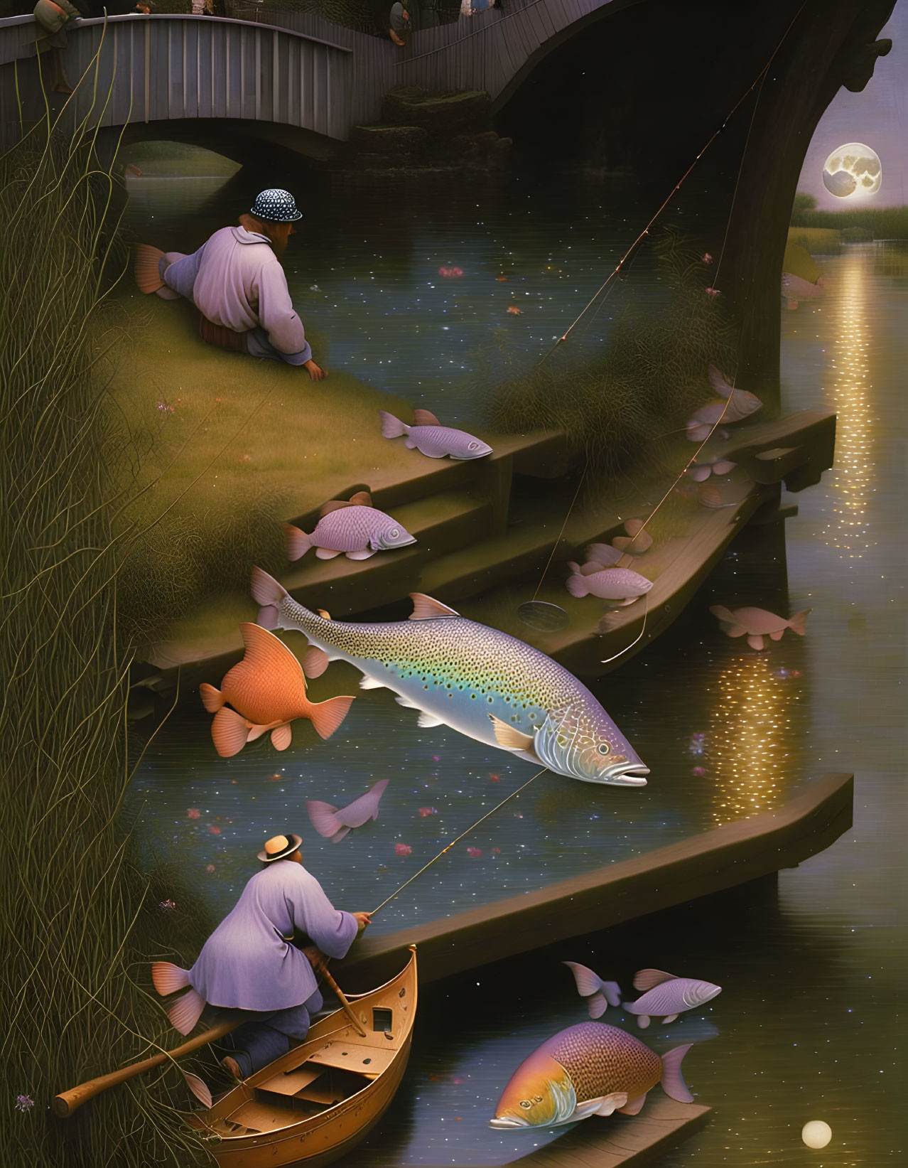 Nighttime fishing scene with colorful fish, glowing lights, and a bridge under moonlit sky