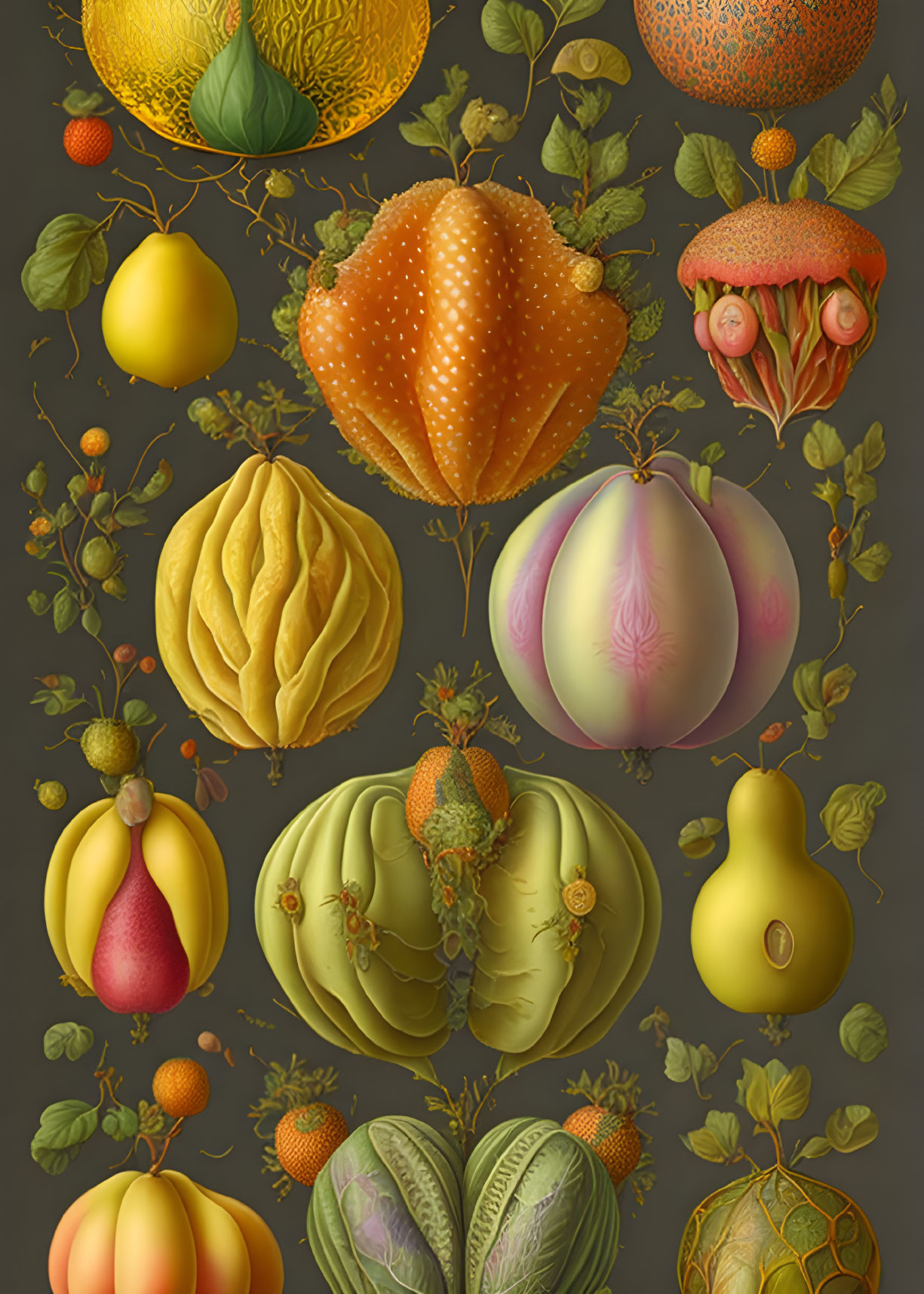 Colorful exotic and fantastical fruit illustrations on dark background