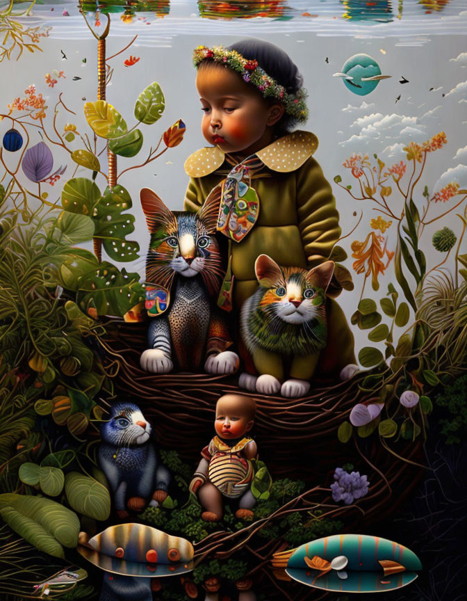 Colorful artwork of child with floral headband among vibrant cats and fish