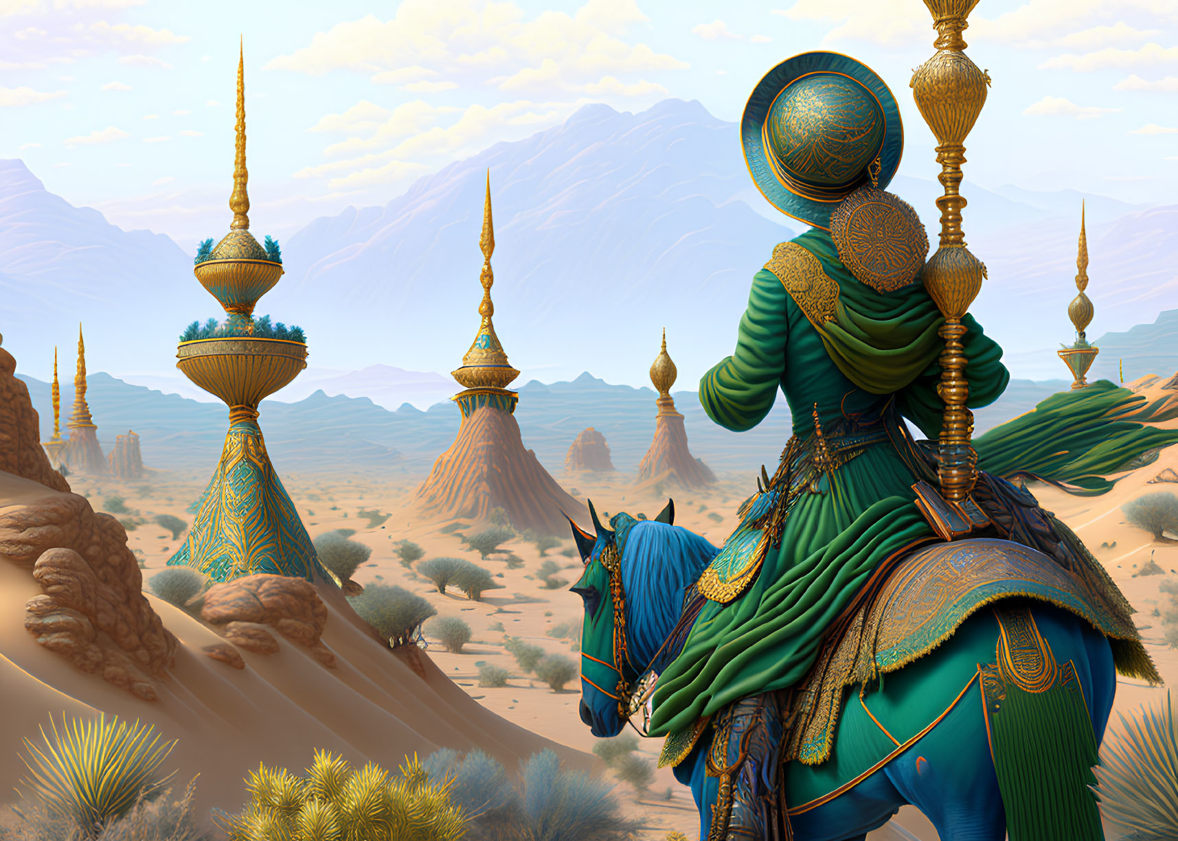 Person in ornate turquoise and gold armor riding a horse through fantastical desert landscape