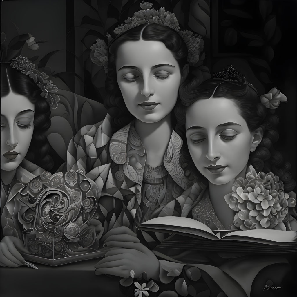 Vintage-inspired monochrome painting of three women in floral attire, one reading a book, others in contempl