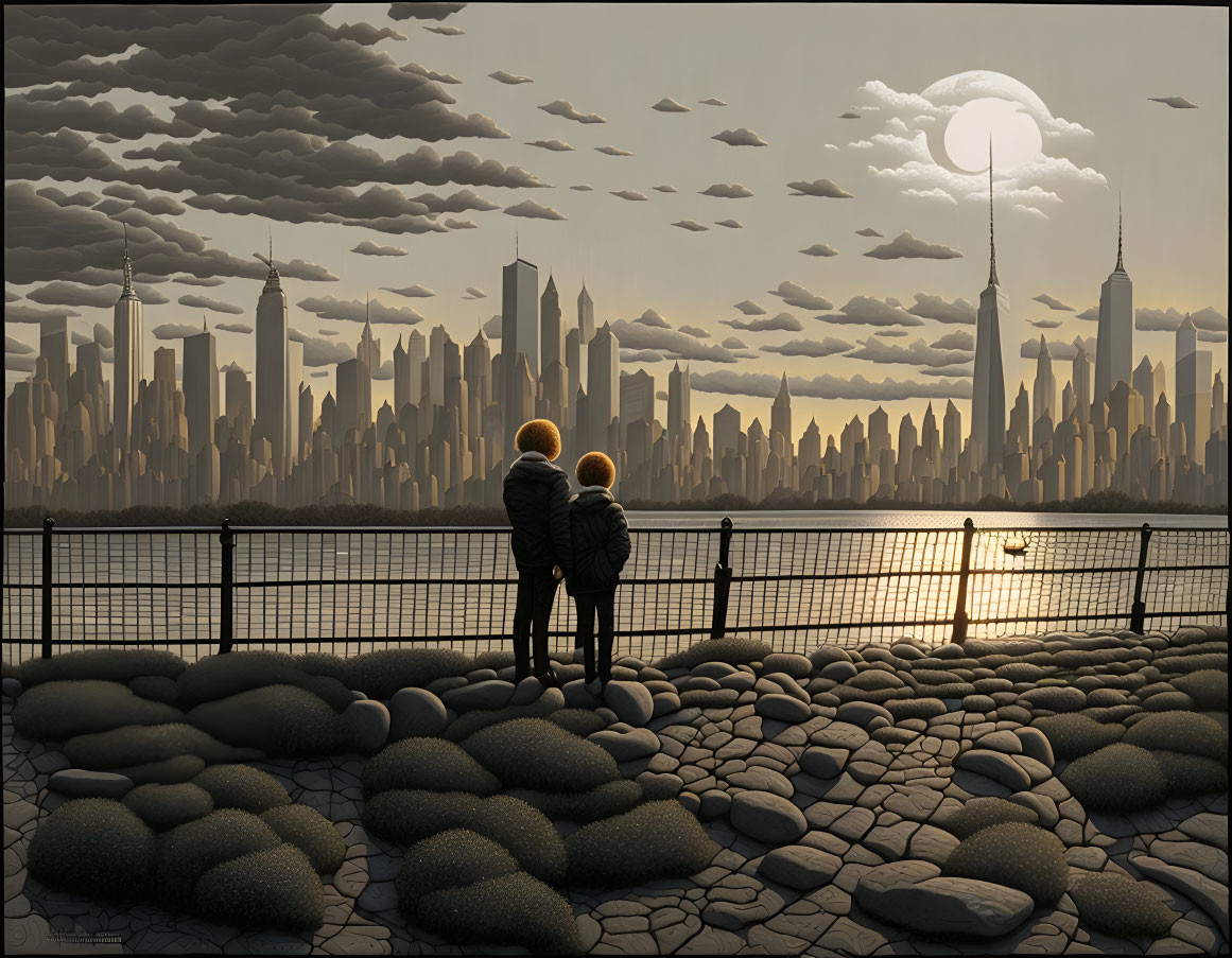 Two individuals at railing view futuristic cityscape with skyscrapers, layered clouds, crescent moon.