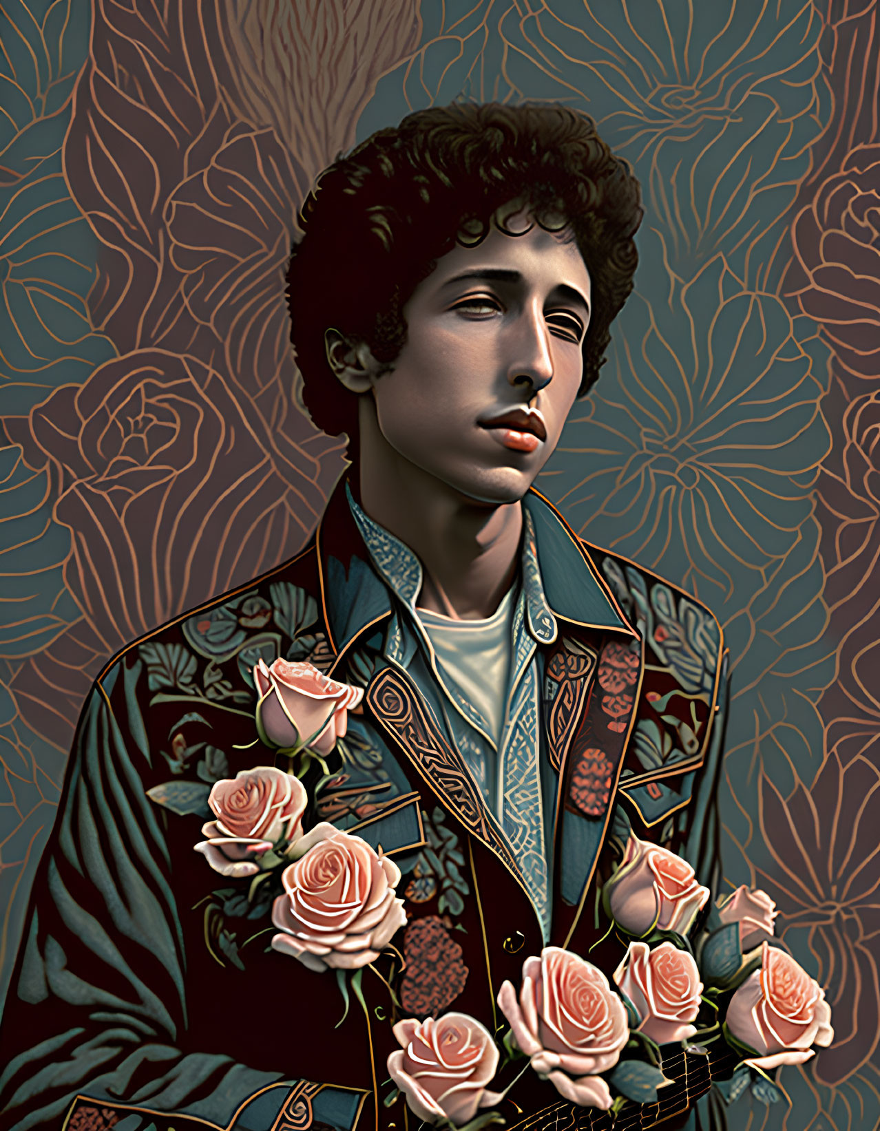 Curly-haired person in rose-adorned jacket with floral backdrop