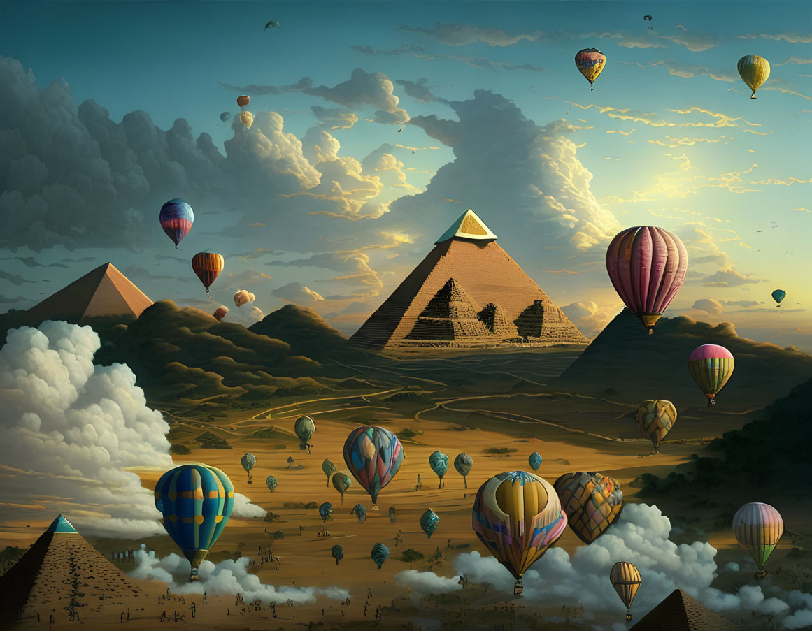 Hot air balloons over Egyptian pyramids at sunset