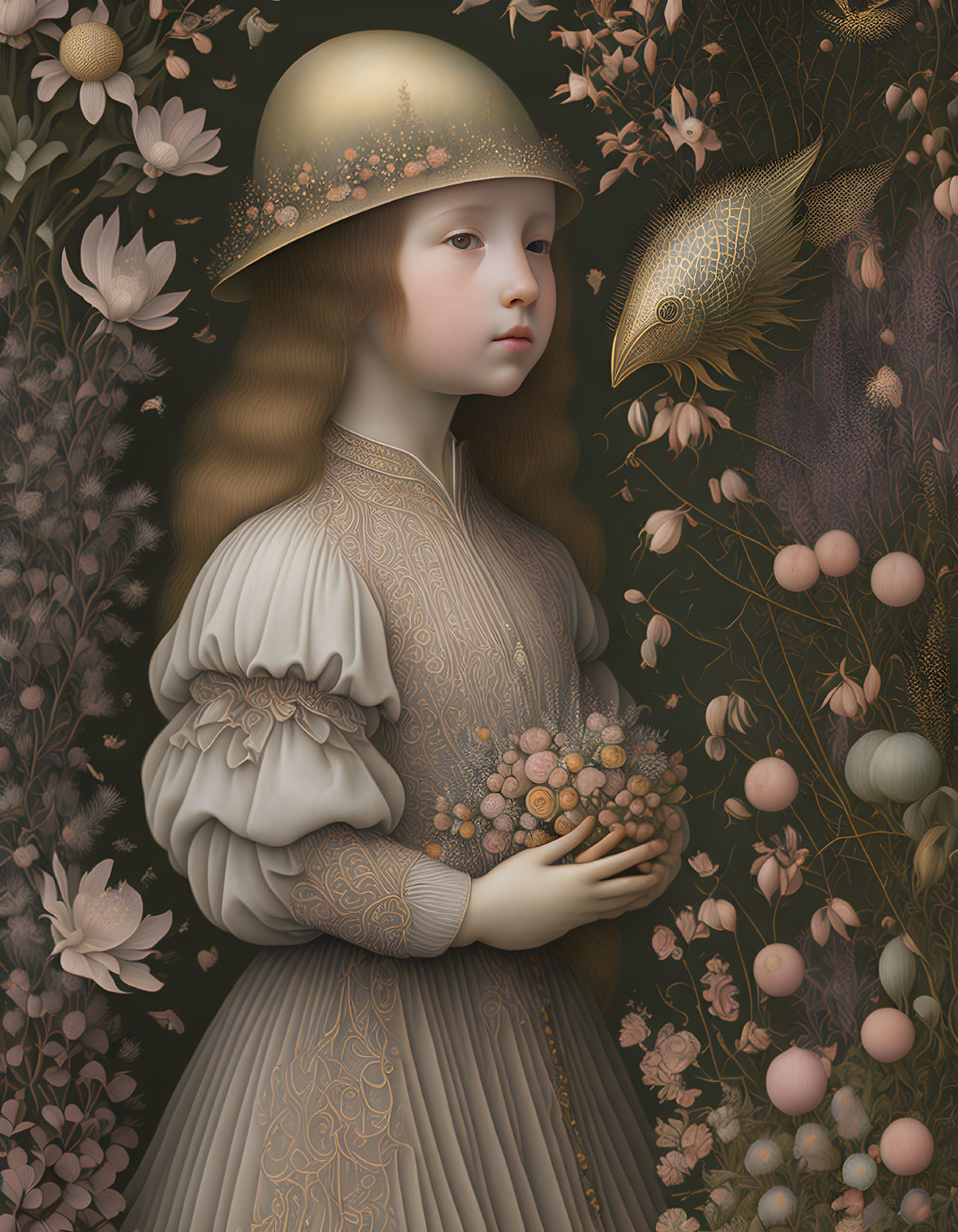 Surreal portrait of young girl in Renaissance-style dress with berries, golden fish, and foliage