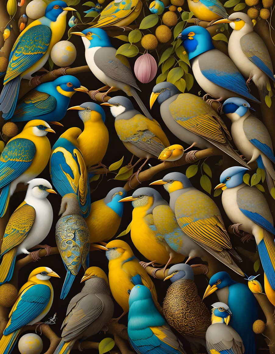 Detailed illustration of stylized birds with vibrant plumage perched in foliage