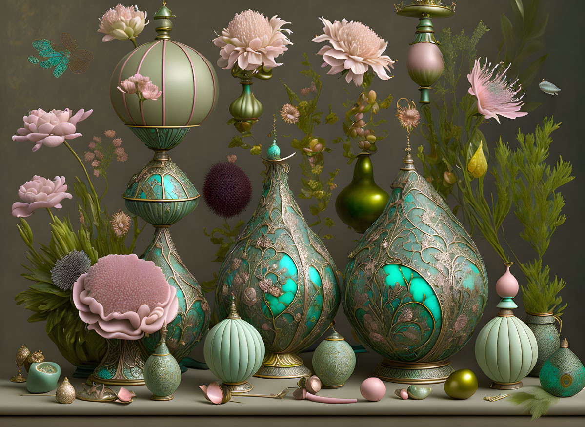 Vintage Baubles and Botanical Elements in Pastel Tones with Intricate Patterns