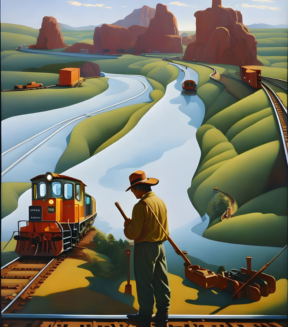 Scenic landscape painting with worker and trains in nature