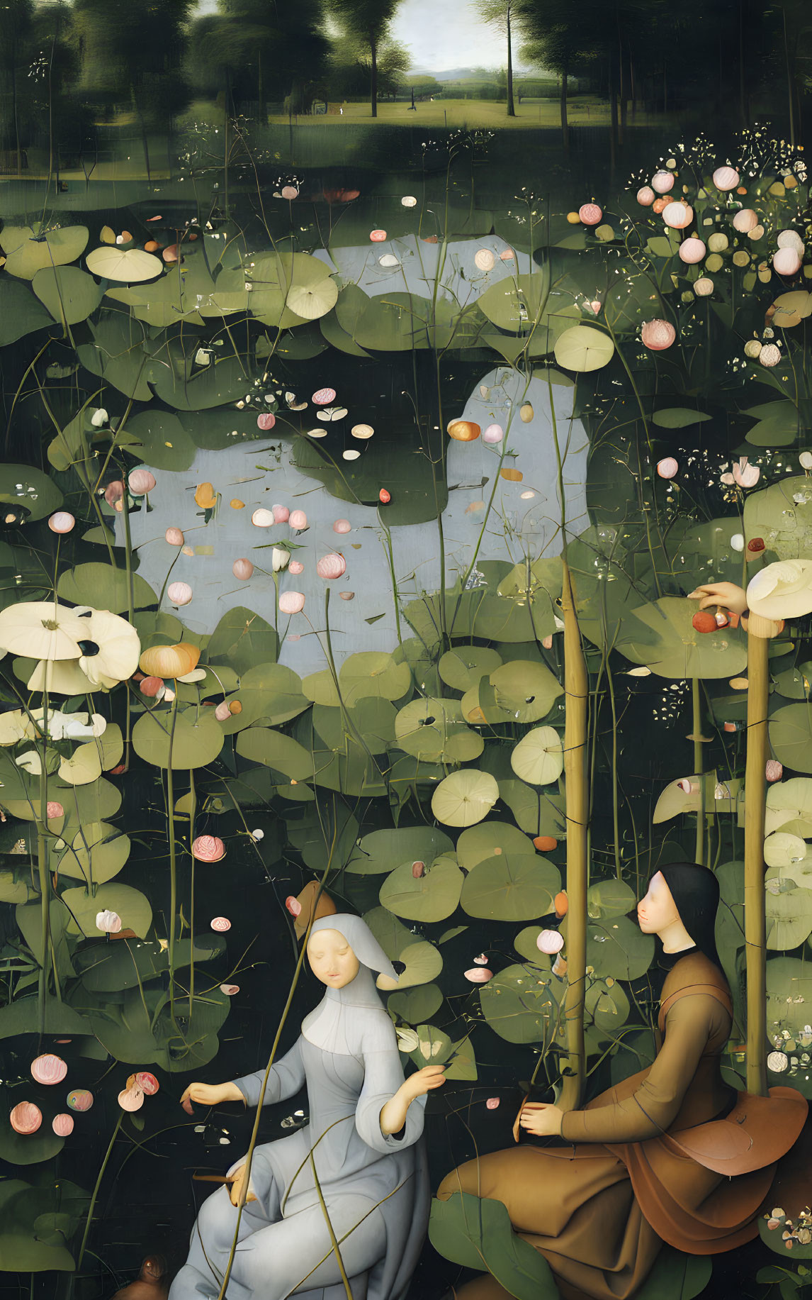 Serene pond painting with two individuals, lily pads, pink flowers, trees, and sky