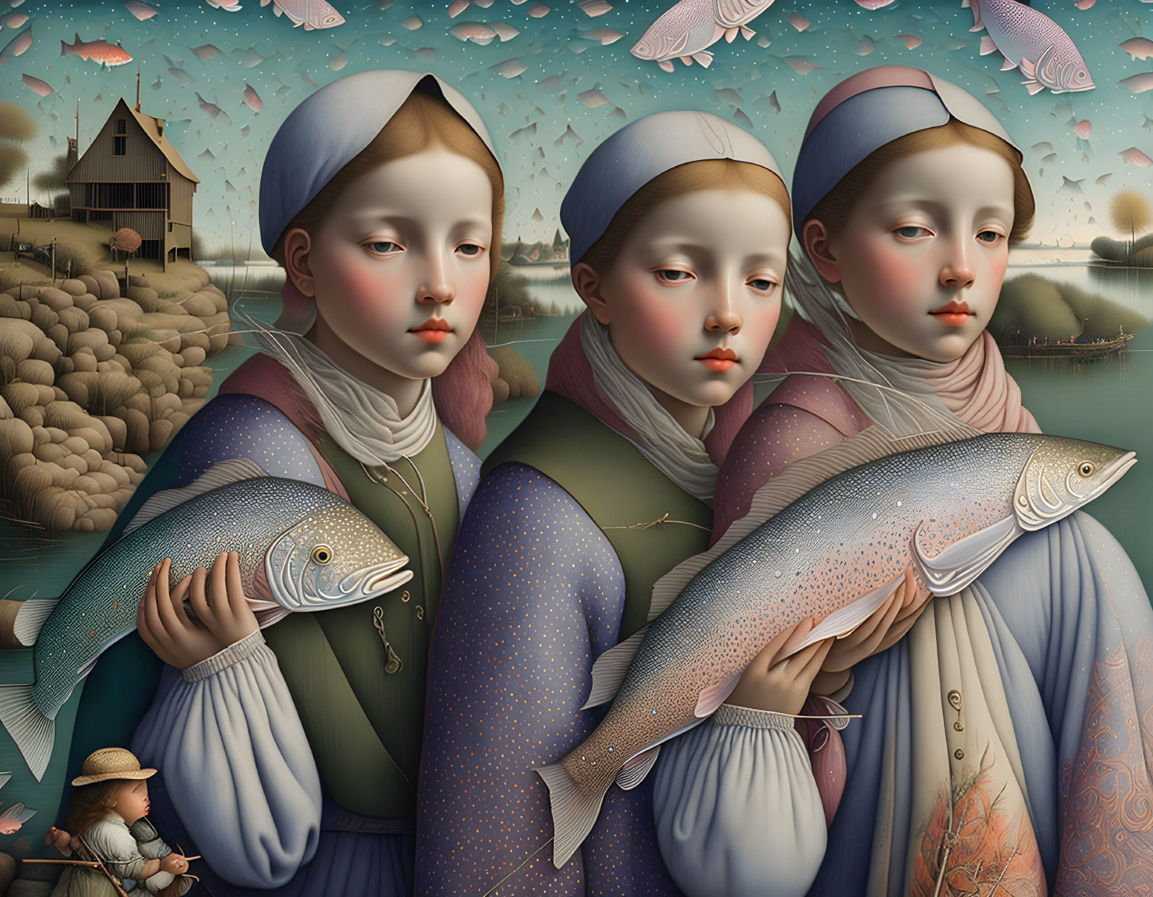 Traditional clothing: Three girls with large fish in countryside