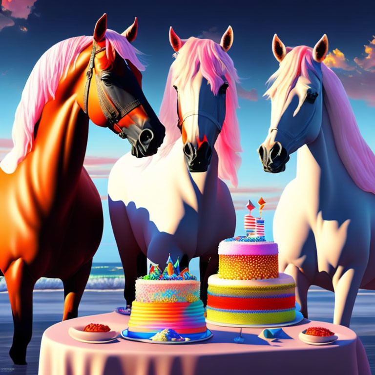 Colorful cartoon horses by table with cakes on beach with candy-striped lighthouse