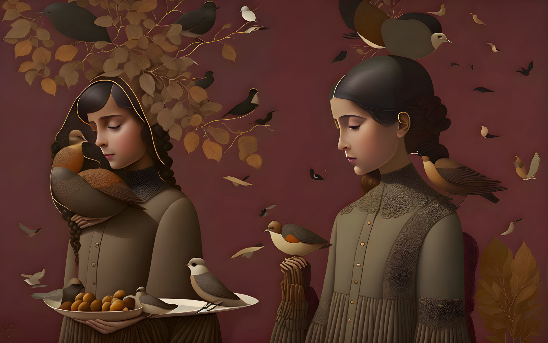 Two women with birds and falling leaves in warm backdrop