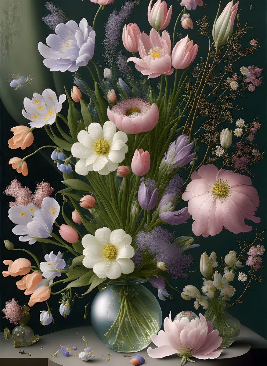 Pastel Blooming Flowers Against Dark Background