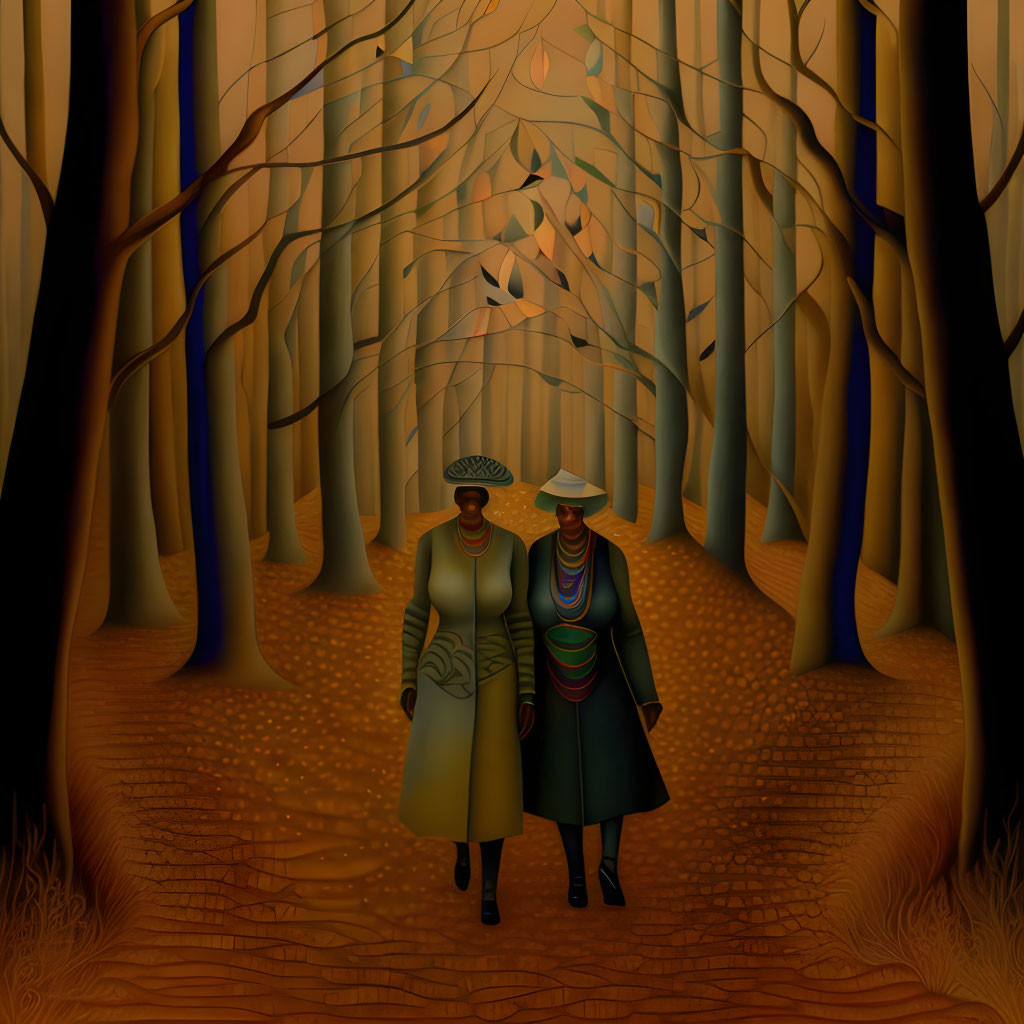 Elegantly dressed couple strolling in autumn forest with tall trees.