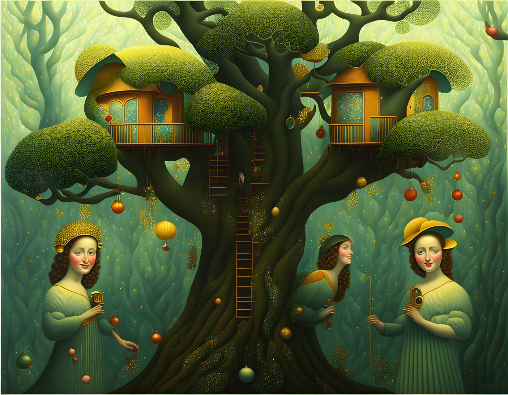 Whimsical treehouse illustration with vintage-dressed women and floating orbs