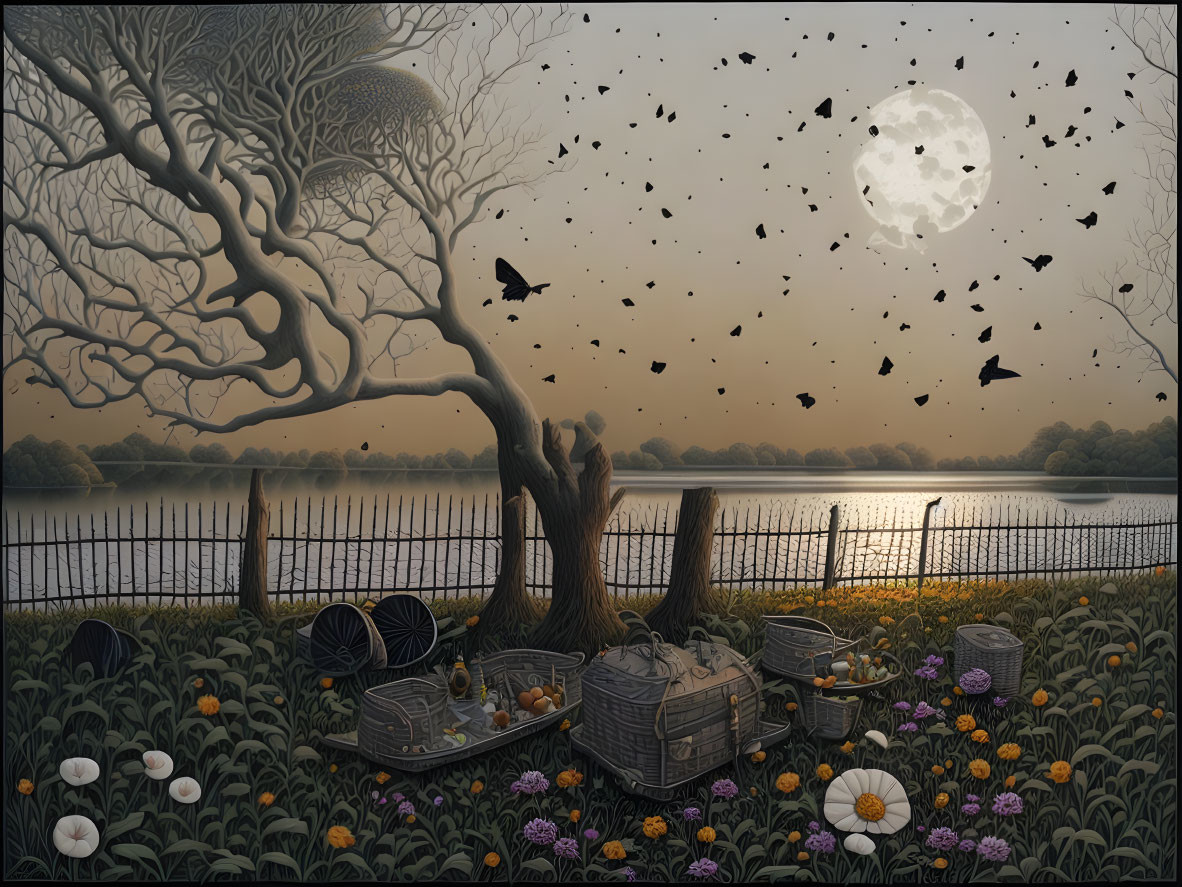 Twilight scene with tree, birds, full moon, river, picnic baskets, and flowers