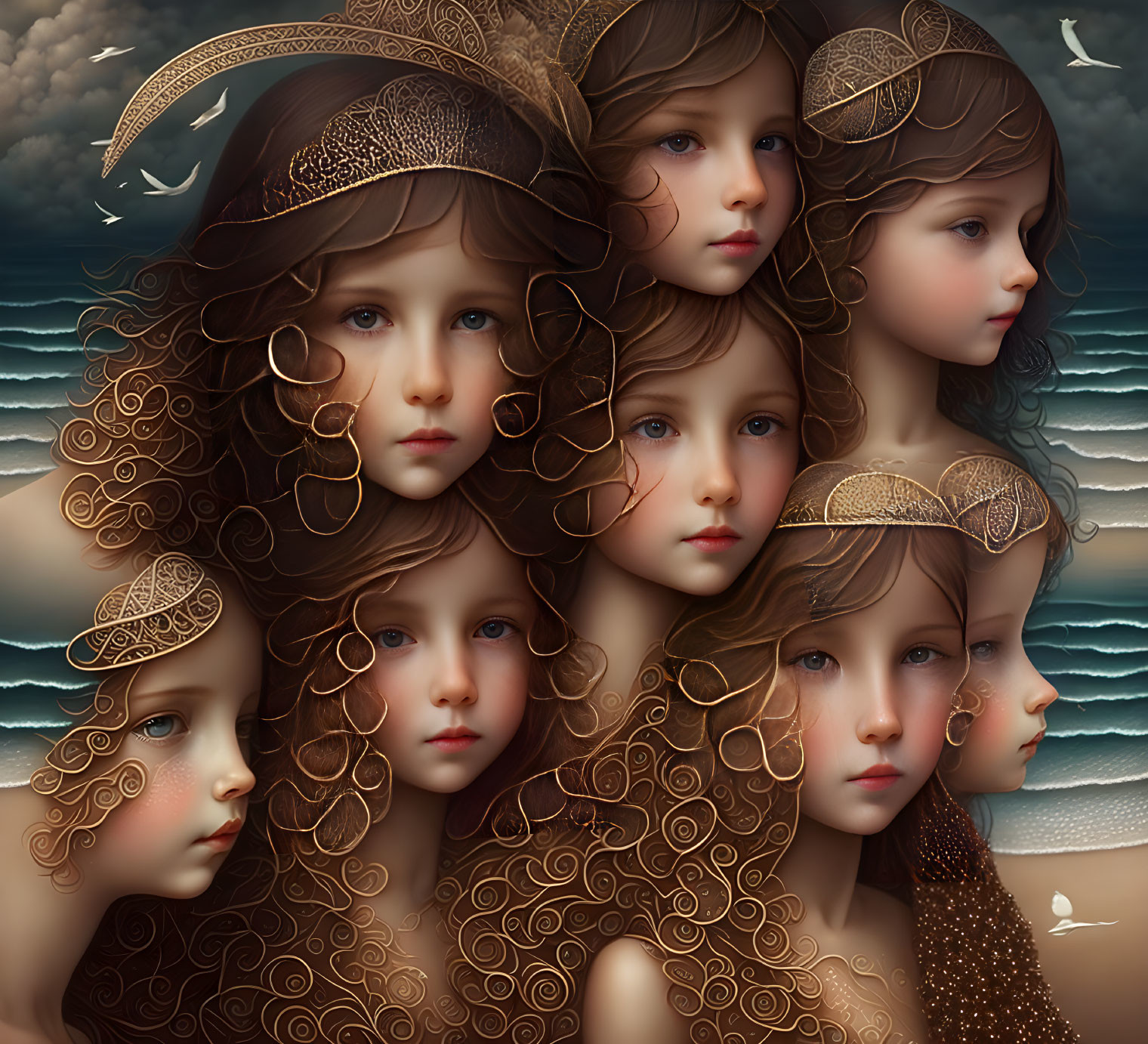 Multiple identical girls with curly hair and golden headbands in a dark clouds and ocean waves setting