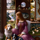 Woman in pink dress with braid and two fluffy dogs by window at sunset.