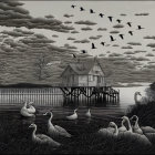 Monochrome Victorian house on pier with swans, ducks, water, cloudy sky