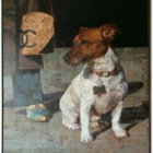 Young girl in vintage blue dress with Jack Russell Terriers on cushion.