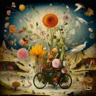 Surreal artwork featuring vibrant flowers, birds, antique bicycle, floating elements, seascape, sailing