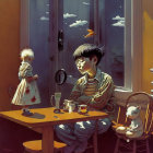 Surreal artwork: Young boy, floating fish, girl at window