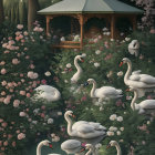 Surreal illustration of swans in lotus garden with greenish-auburn backdrop