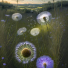 Monochromatic artwork of intricate dandelion-like plants in wavy fields.