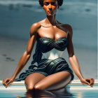 Woman in Black Swimsuit with White Flower by Pool