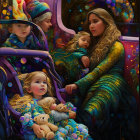 Mother and children in celestial attire in vibrant train compartment with cosmic and floral motifs