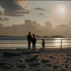 Two individuals at railing view futuristic cityscape with skyscrapers, layered clouds, crescent moon.