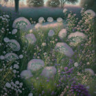 Surreal painting featuring white flowers and anthropomorphic figures in robes