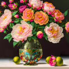 Colorful bouquet of yellow and orange flowers in clear vase with orange fruits on table