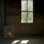 Sunlit Room with Patterned Wall, Tall Window, and Framed Picture