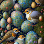 Vibrant bird and egg illustration on dark floral backdrop