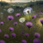 Tranquil sunset over vibrant purple thistle-like flowers